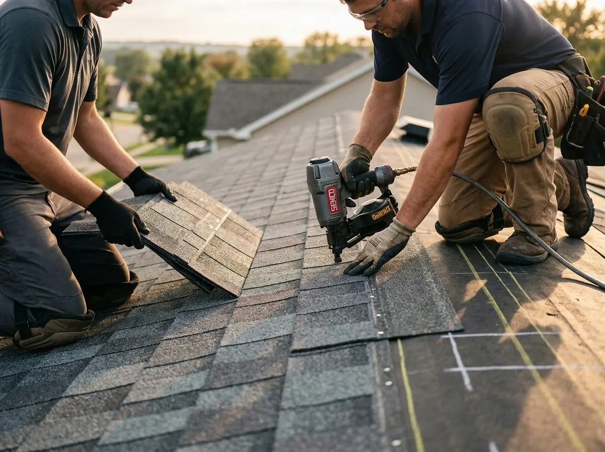 Professional roofer working on a residential roof in East Rockhill